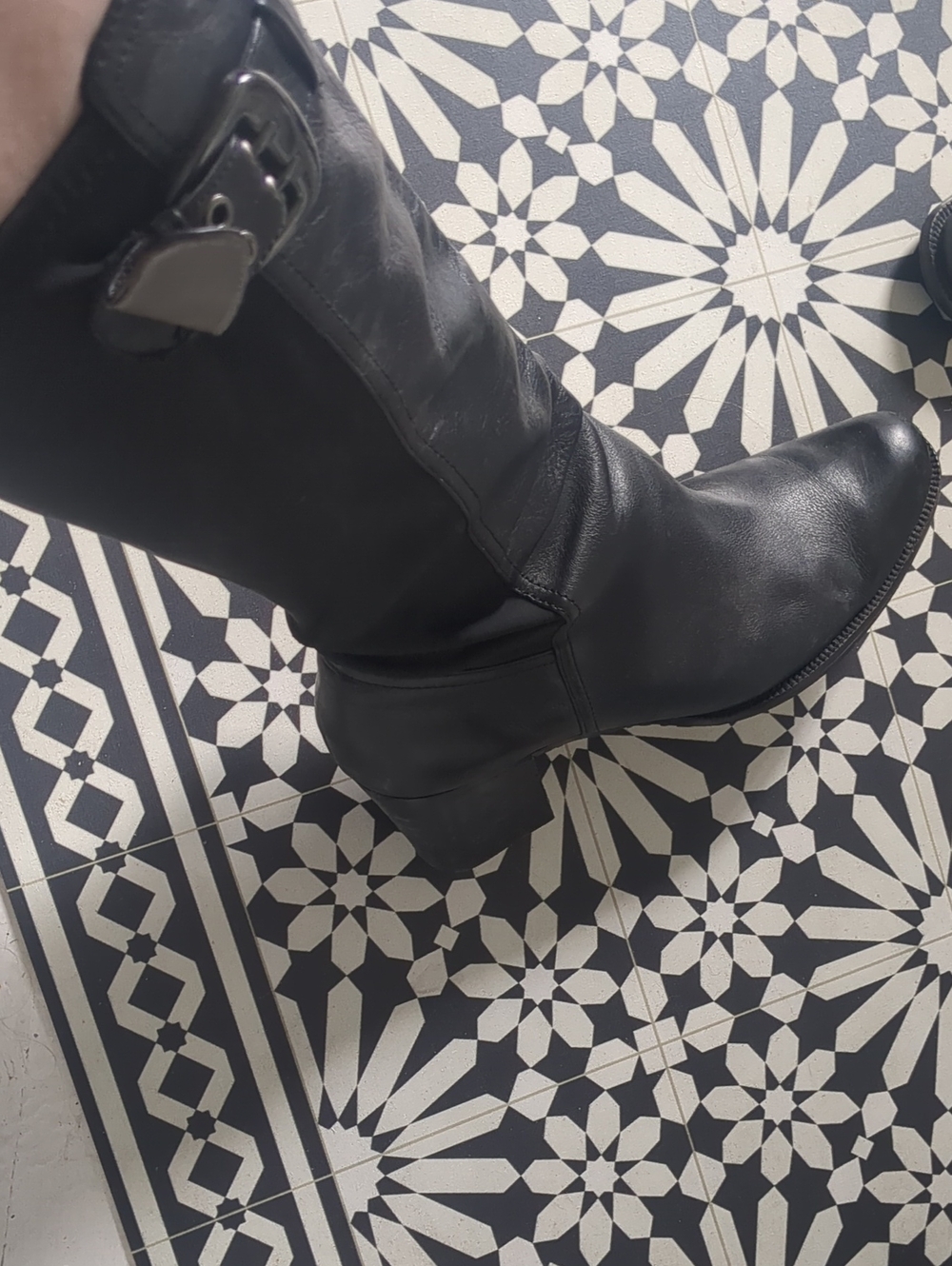 Adrienne Vittadini Black Mid-Calf Leather Boots with Buckle